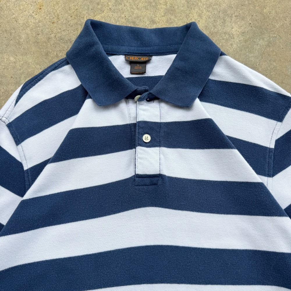 Vintage Y2K Cherokee Striped Polo Shirt Workwear Preppy Navy Large (g3b)